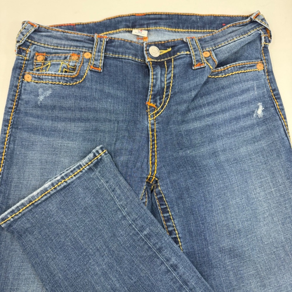 True Religion Slim Straight Big T Blue Jeans Contrast Stitch 31332-00 Mens 32